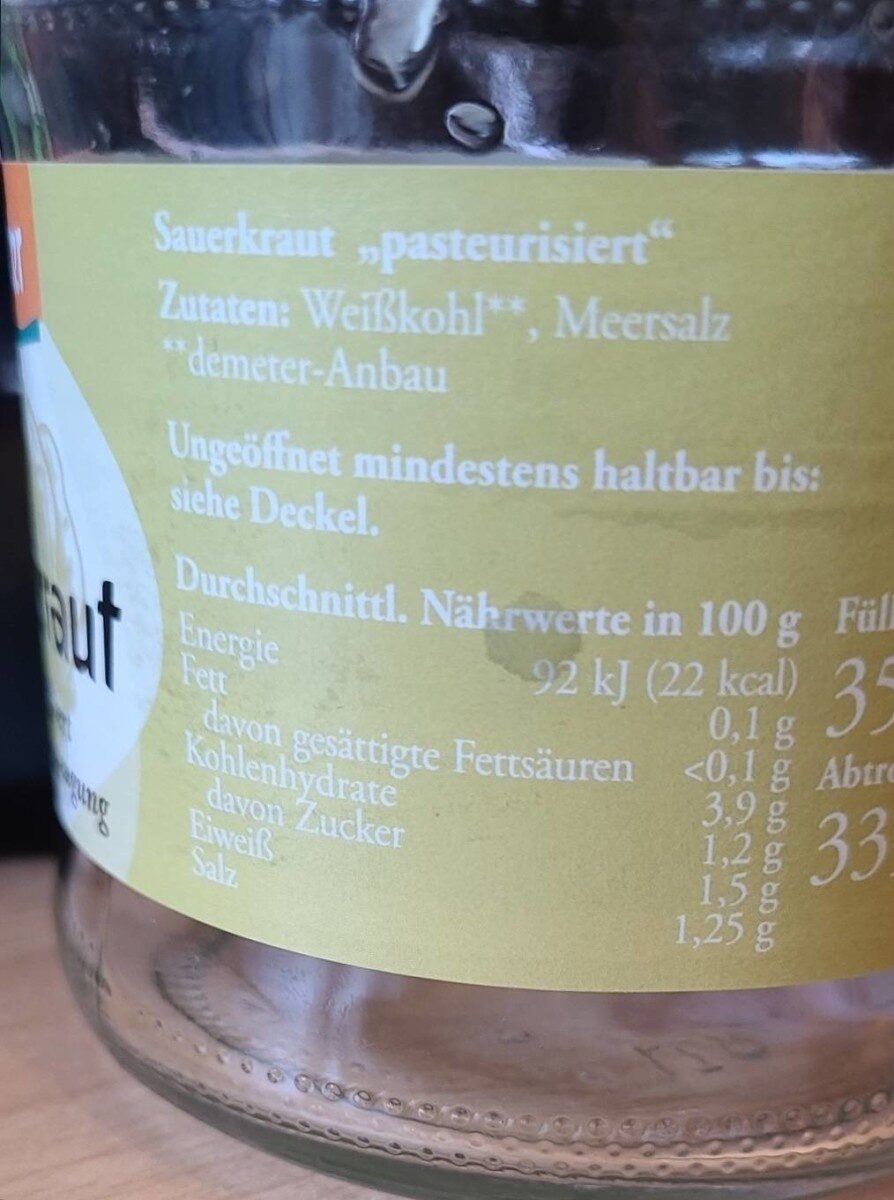 Bio Sauerkraut - Nährwertangaben - en