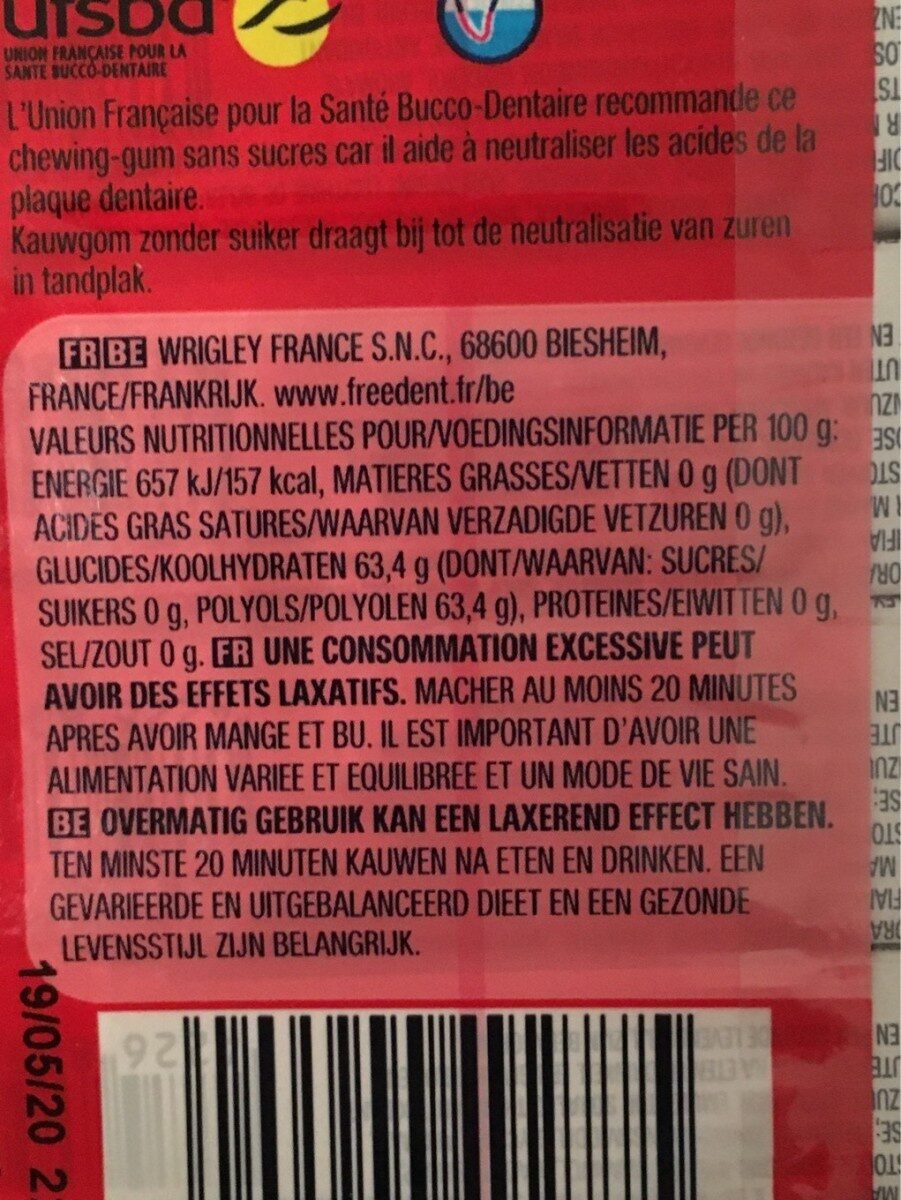 Chewing-gum sans sucres au goût fraise - Näringsfakta - fr