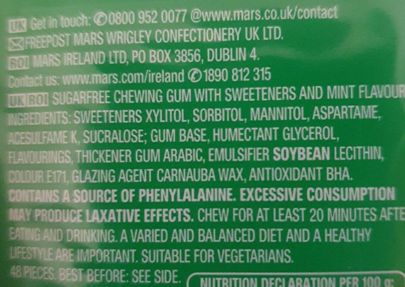 Extra Minis Spearmint Chewing Gum - Ingredients