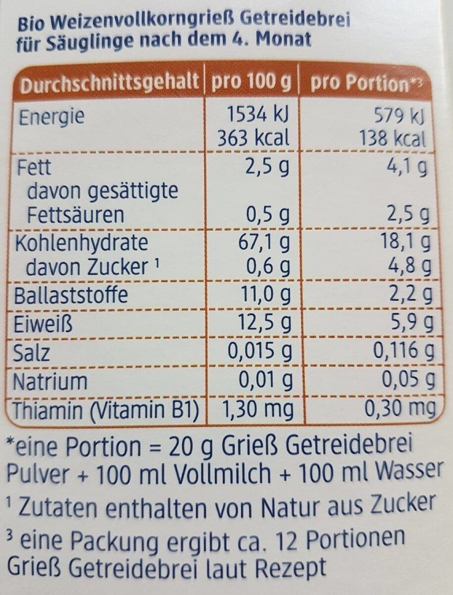 DM Bio Grieß Getreidebrei - Nährwertangaben