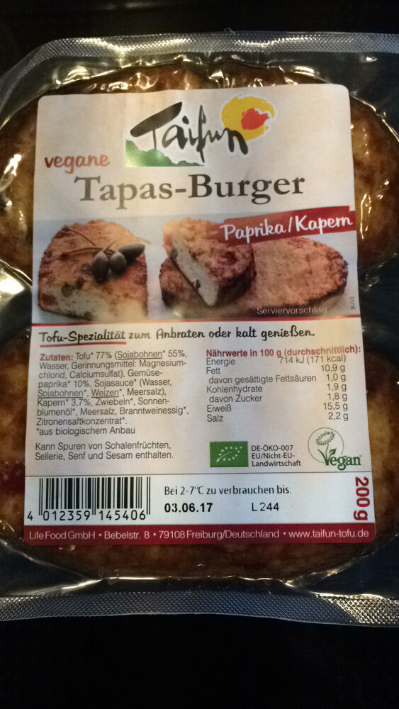 Tapas-Burger poivrons/Câpres - Informació nutricional - fr