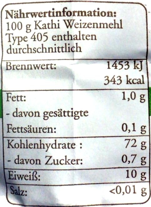 Weizenmehl Typ 405 - حقائق غذائية - de