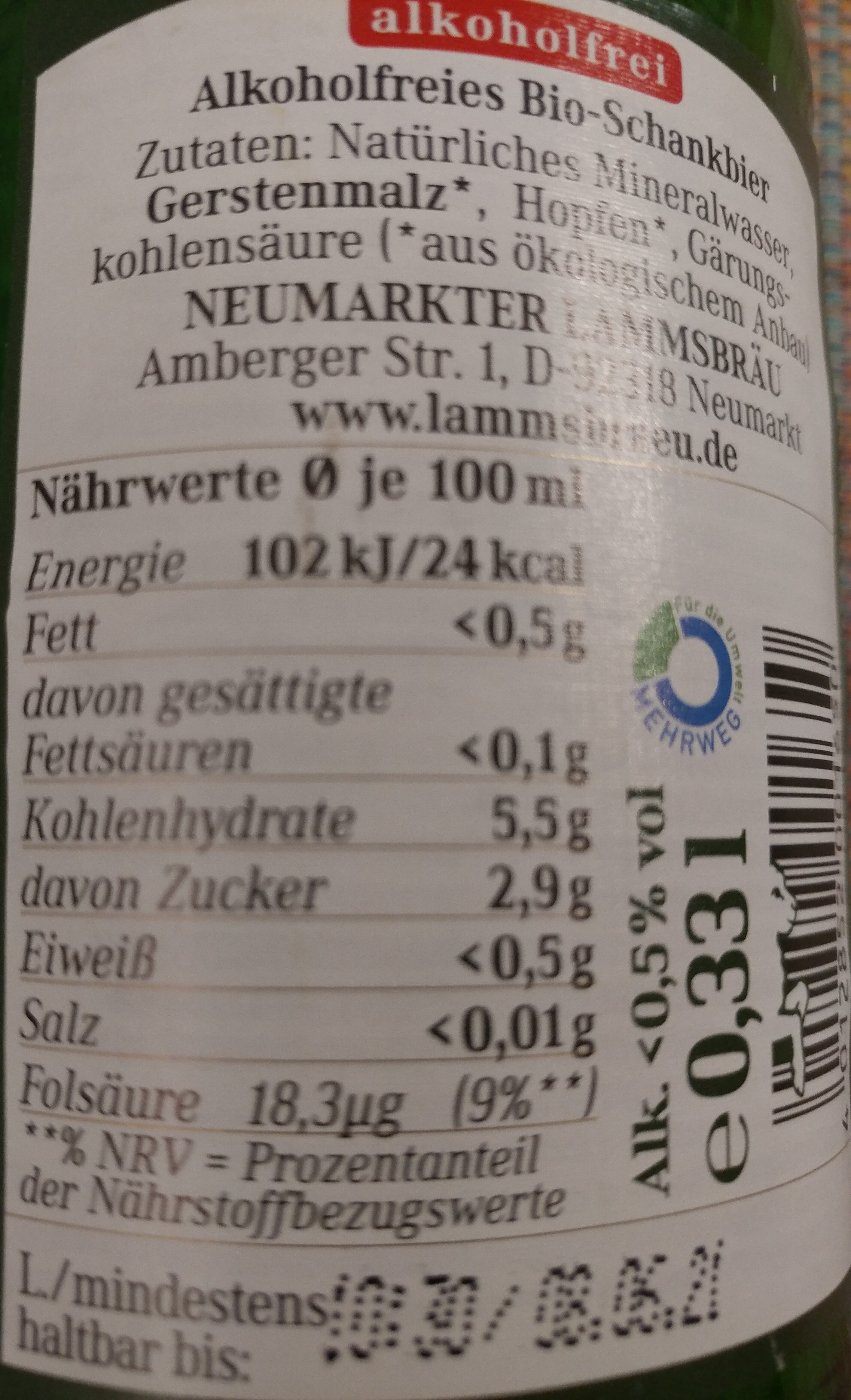 Neumarkter Lammsbräu alkoholfrei - Nährwertangaben