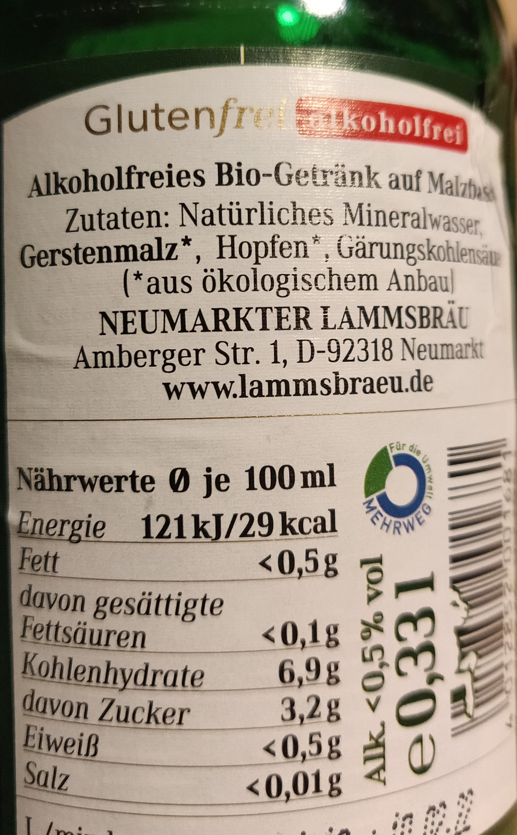 Lammsbräu Bier , glutenfrei, alkoholfrei - Nutrition facts - de