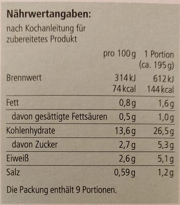 Sächsische Kartoffelmus/Püree - Nährwertangaben