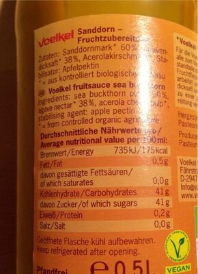 Voelkel Sanddorn Vollfrucht Mit Agave,0,5 LTR Flasche - Nutrition facts - fr