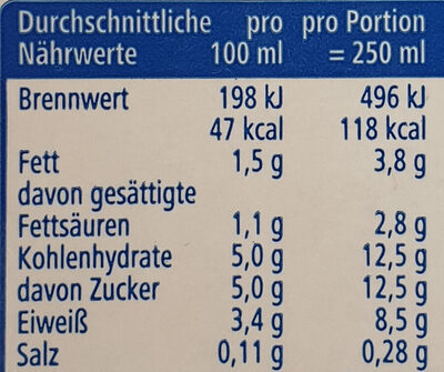 Fettarme H-Milch 1,5% Fett - Nährwertangaben