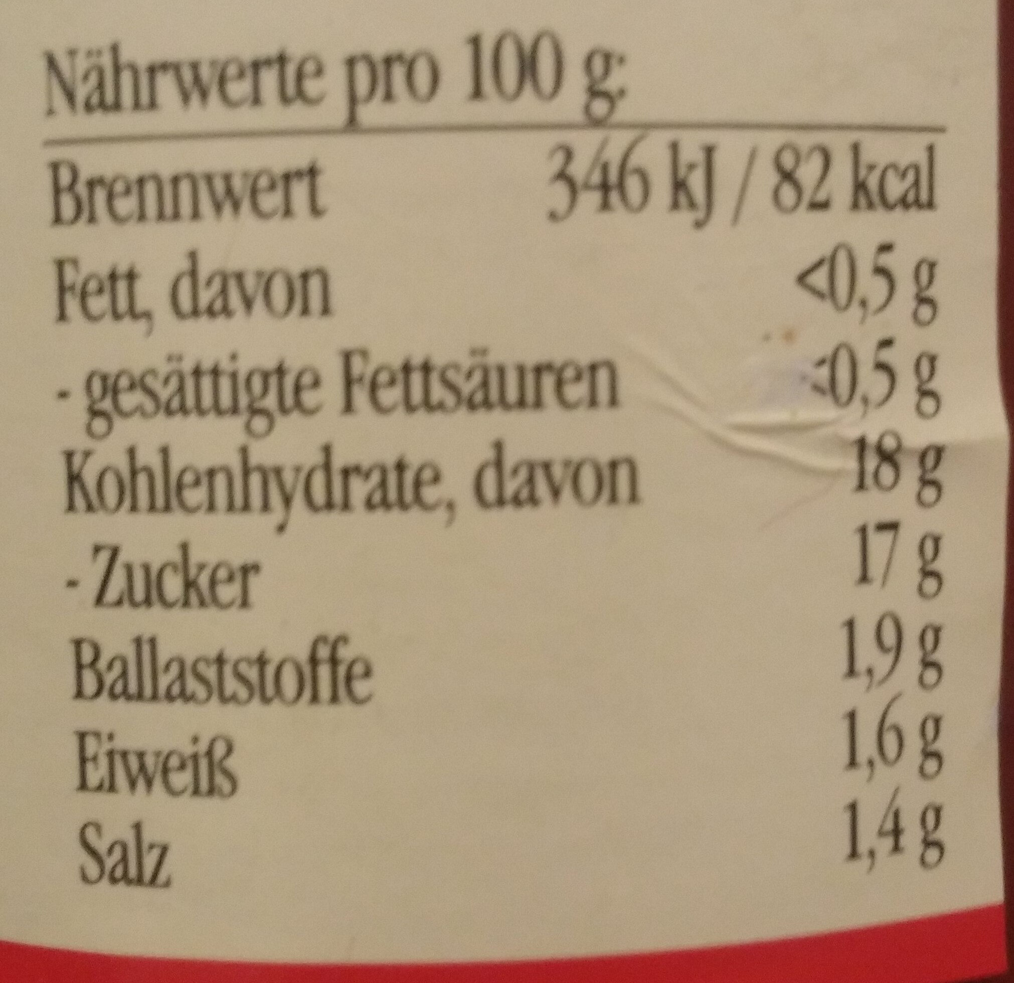 Zwergenwiese Kinder-Ketchup - Nährwertangaben