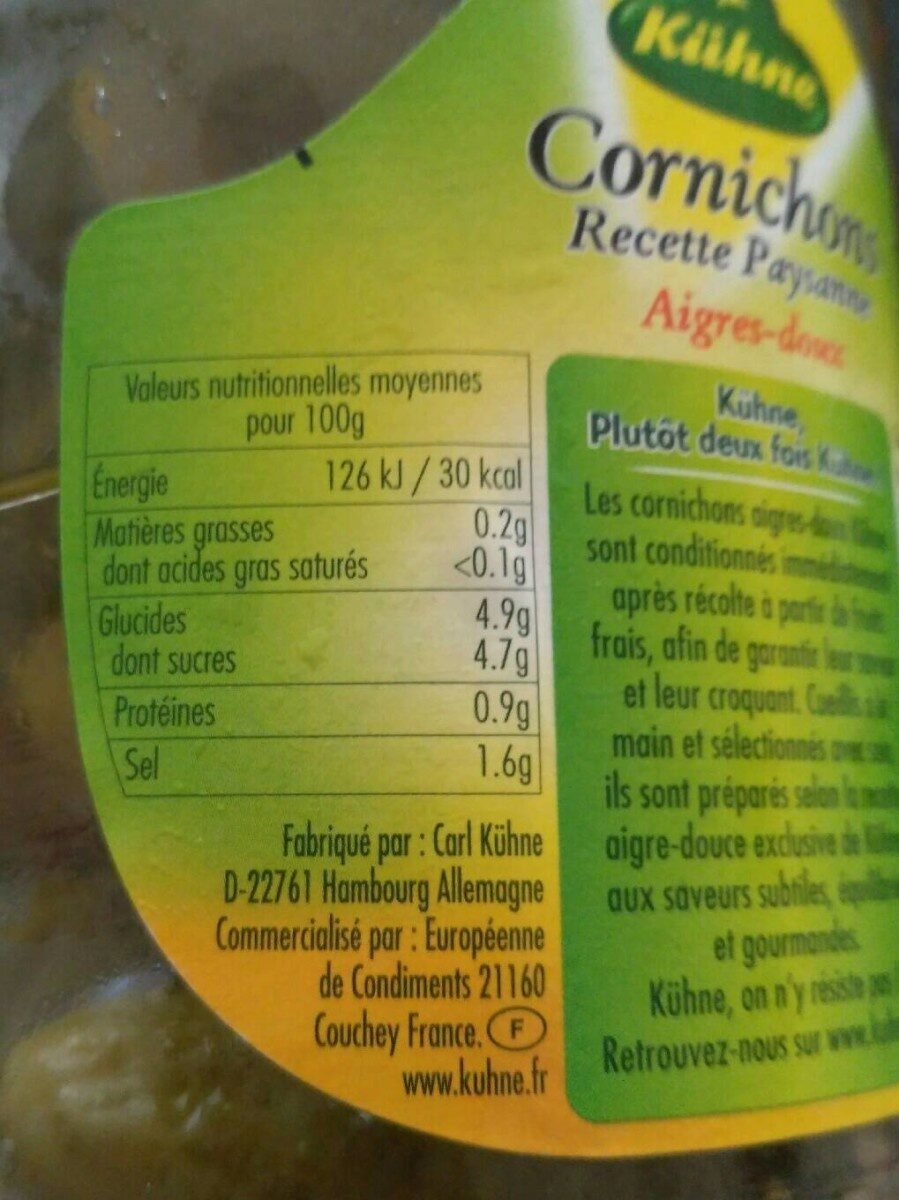 Cornichons aigres-doux Recette Paysanne - Nutrition facts - fr