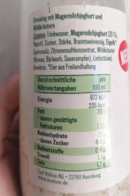 Natürlich Gut Joghurt Wildkräuter Dressing - Nährwertangaben - en