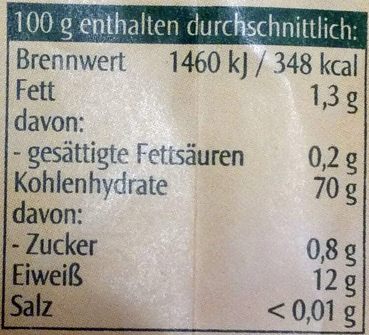 Dinkelmehl Type 1050 - Nutrition facts - de