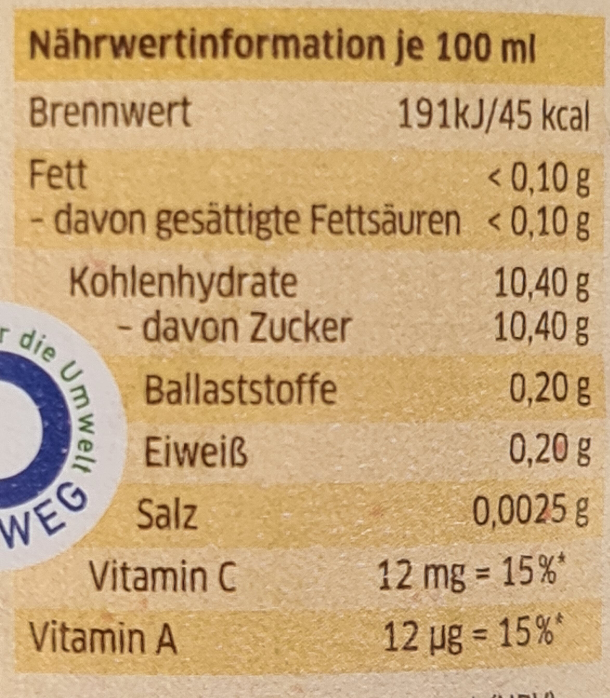 Vital Orange Apfel Kürbis Melone - Nutrition facts - de