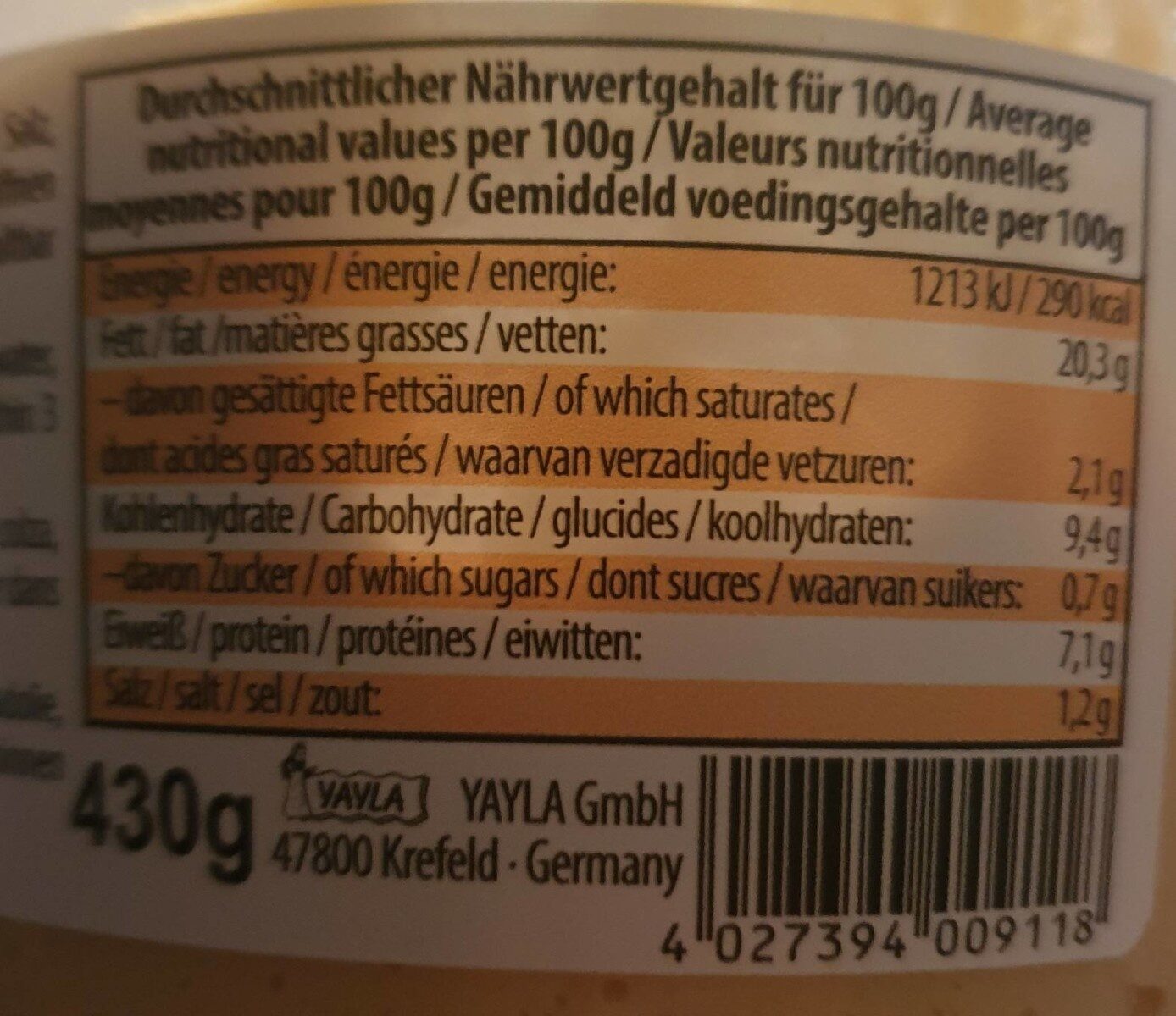 Hummus - Tableau nutritionnel