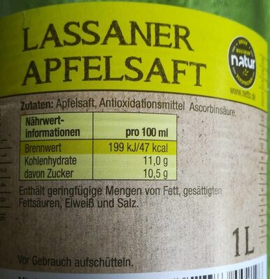 Lassaner Apfelsaft - Voedingswaarden - de