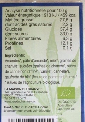 Barre Chanvre & Amande Bio 40G La Maison Du Chanvre - Tableau nutritionnel