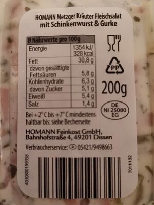 Homann Metzger Kräuter Fleischsalat - Voedingswaarden - de