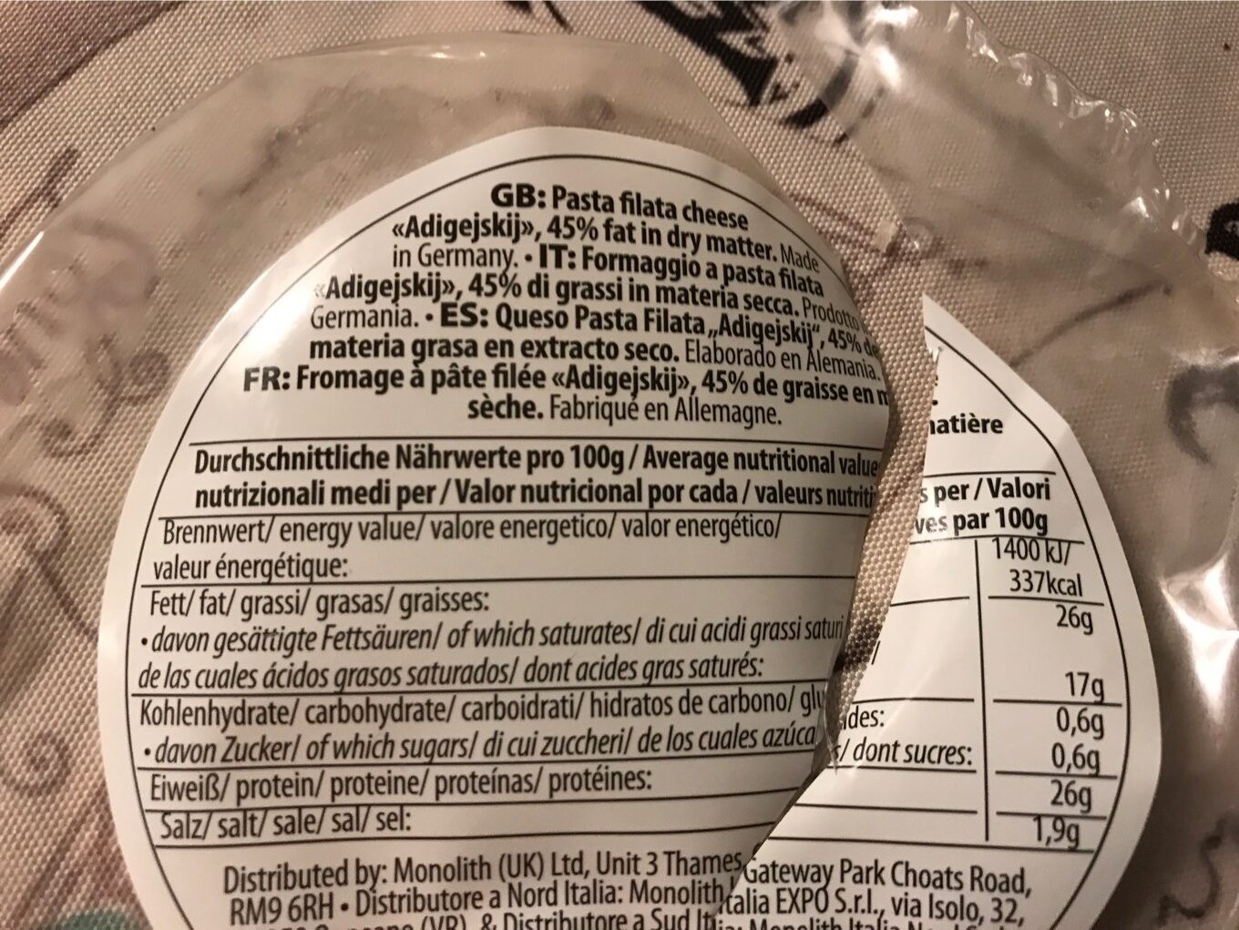 Pasta Filsta Käse Adigejskij - Tableau nutritionnel