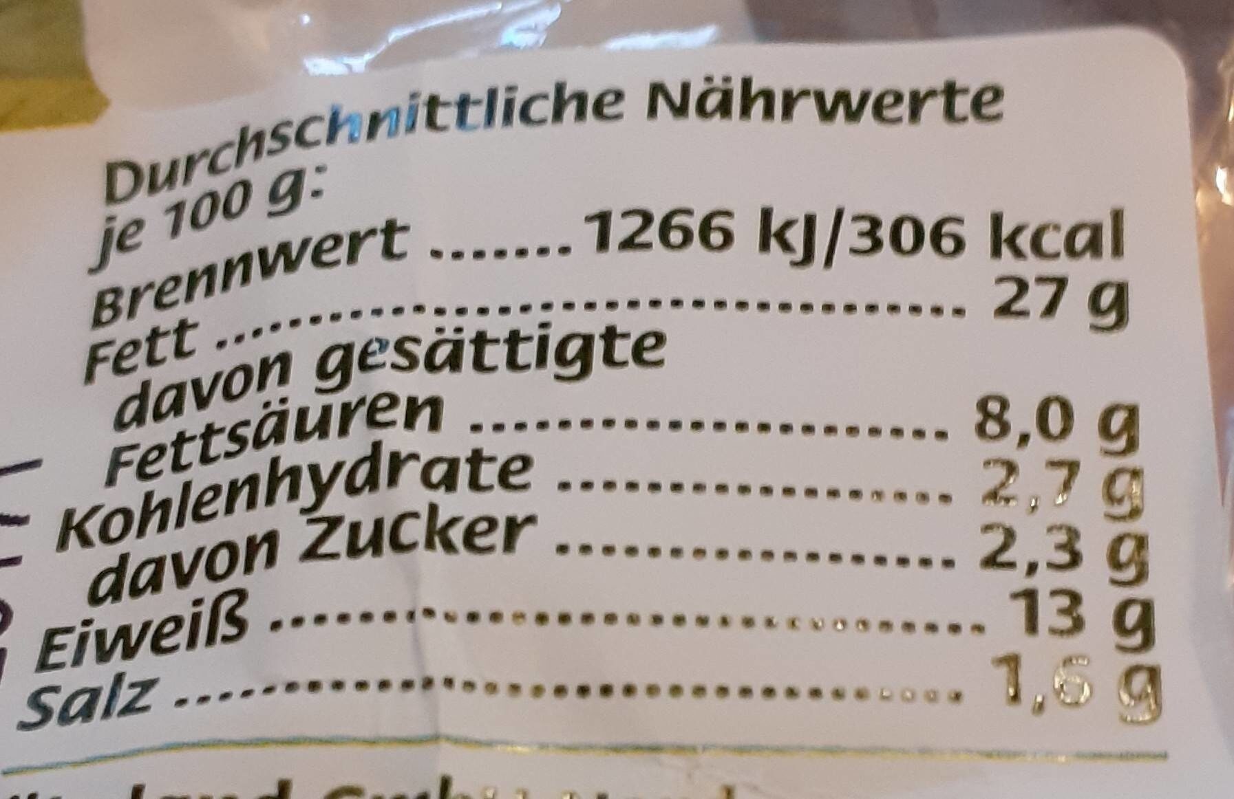Feine Leberwurst - Nährwertangaben