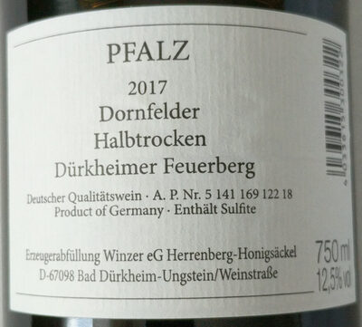 Dornfelder Halbtrocken / Pfalz, 2017 - Ingredients - de