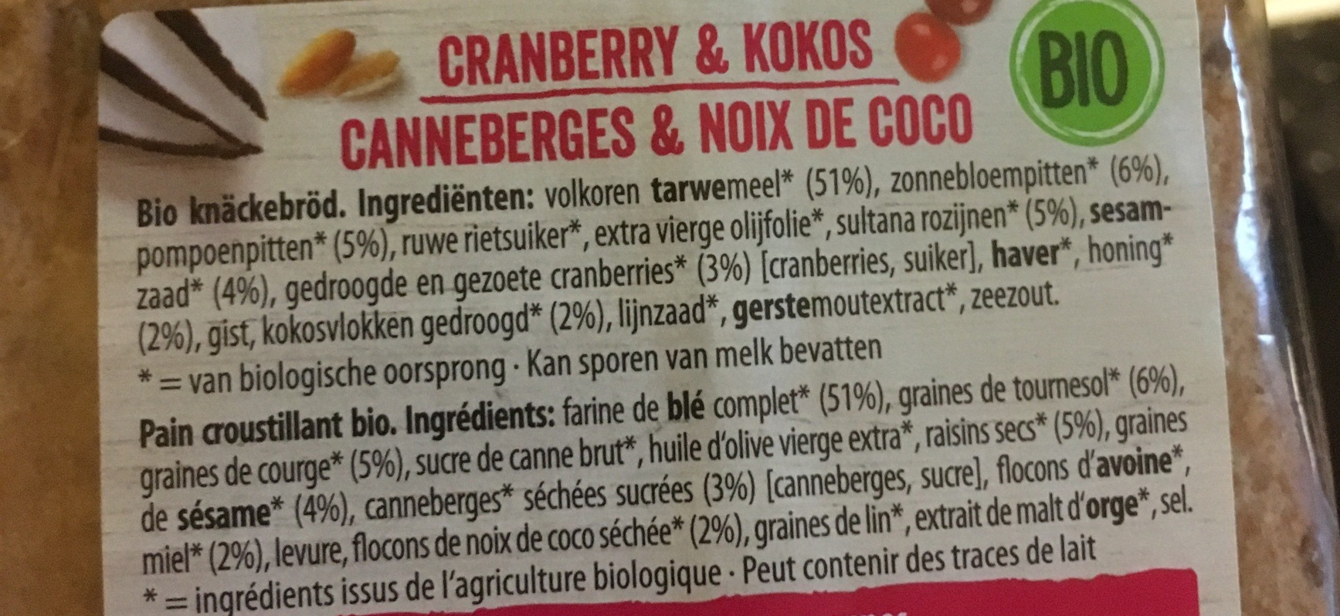 Cranberry & Coconut Crispbread 8 x 200G - Ingredients - fr