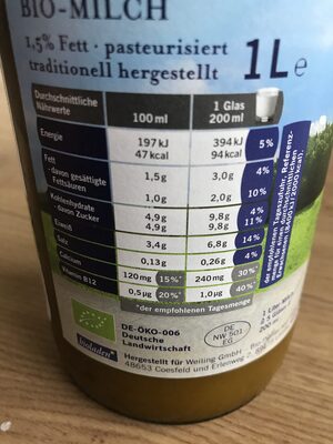 Frische fettarme Bio-Milch; 1,5% Fett; pasteurisiert; traditionell hergestellt - حقائق غذائية - de