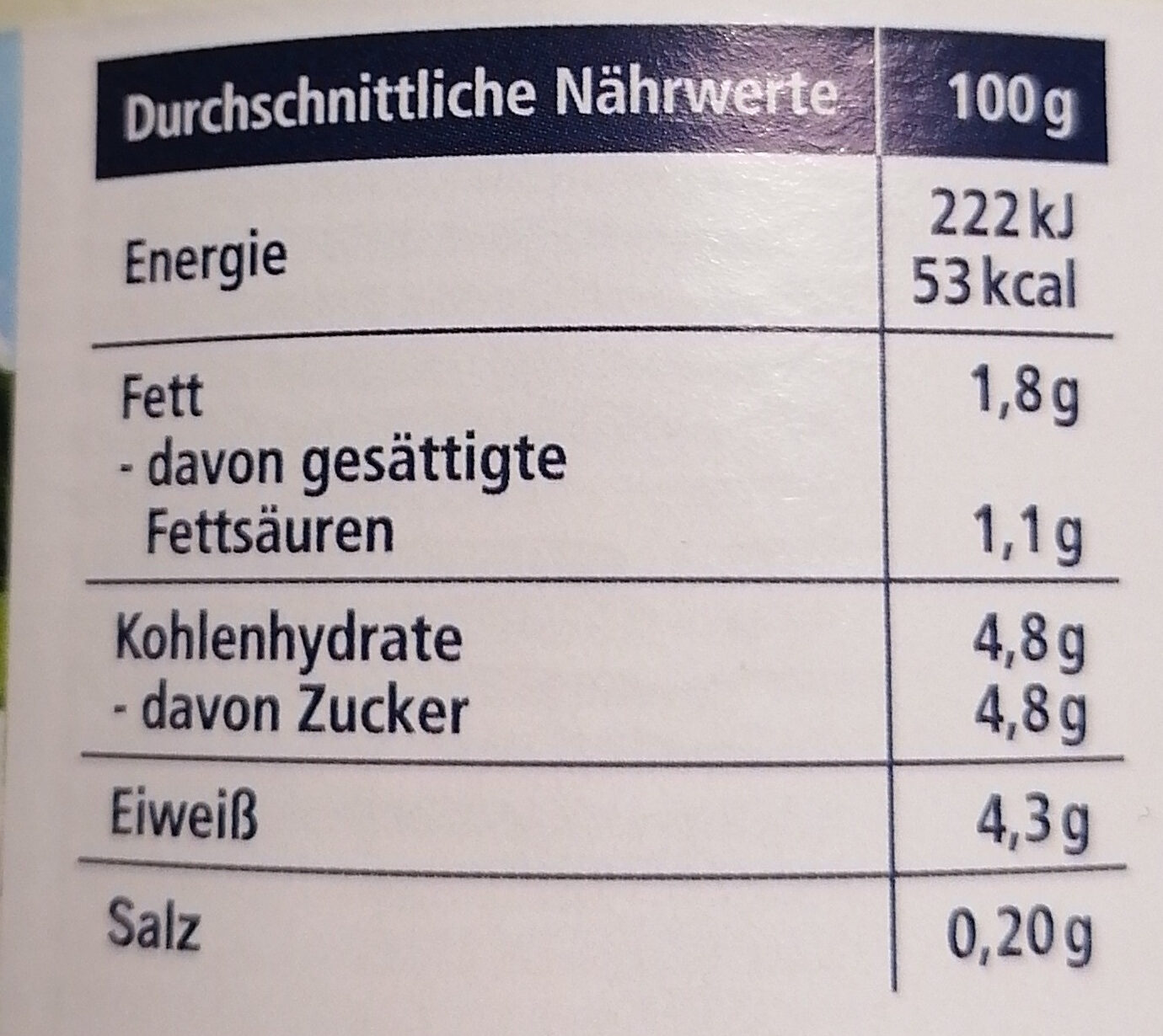 fettarmer Joghurt mild 1,8% Fett, cremig gerührt - Nährwertangaben