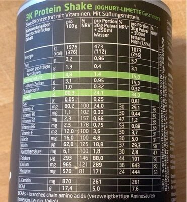 Proteinshake Joghurt-Limette - Nährwertangaben