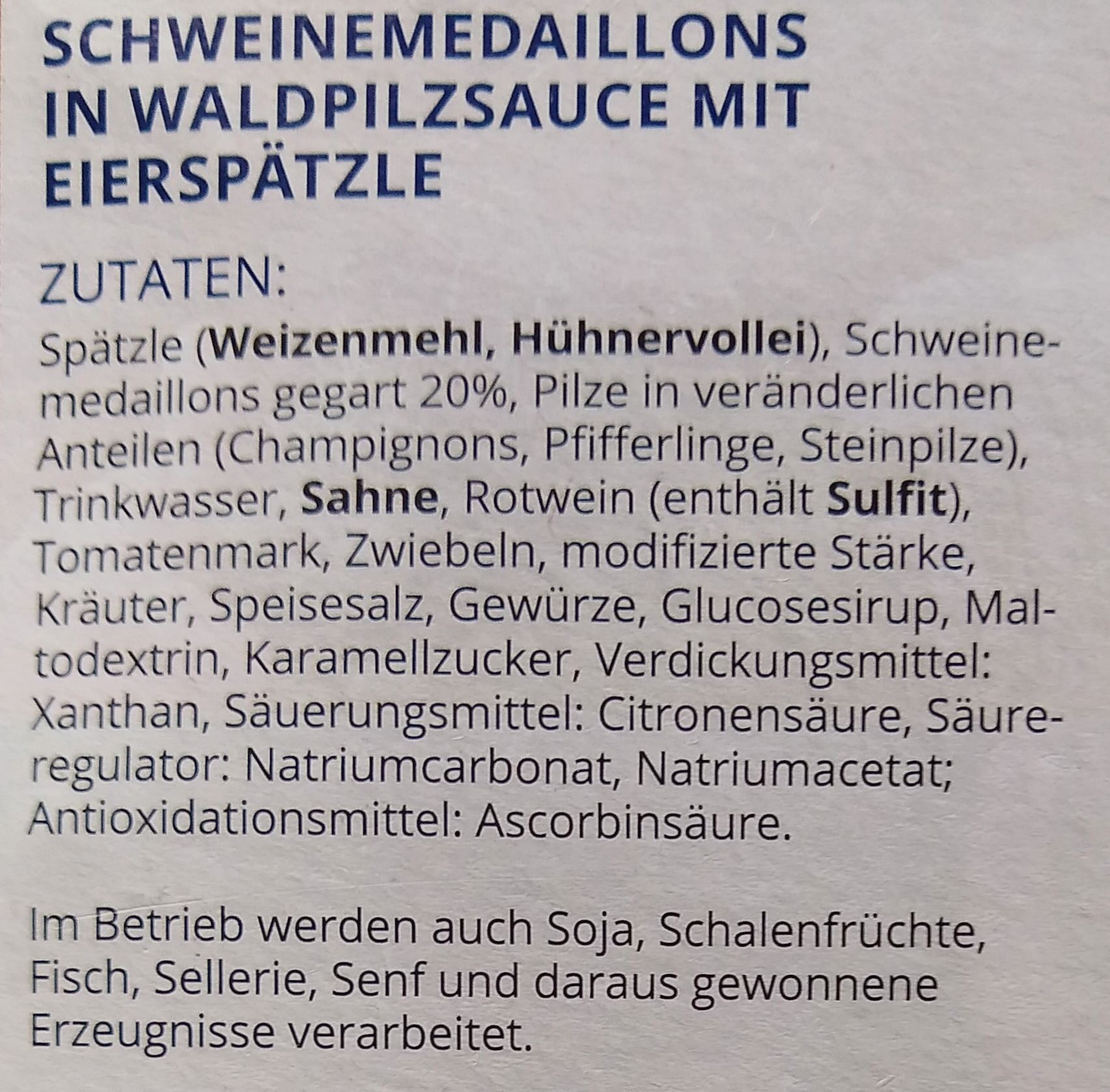 Schweinemedaillons in Waldpilzsauce mit Eierspätzle - Ingredients - de