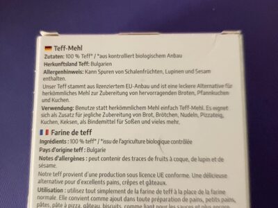 Liste des ingrédients du produit Teff bio  glutenfrei Govinda 450g
