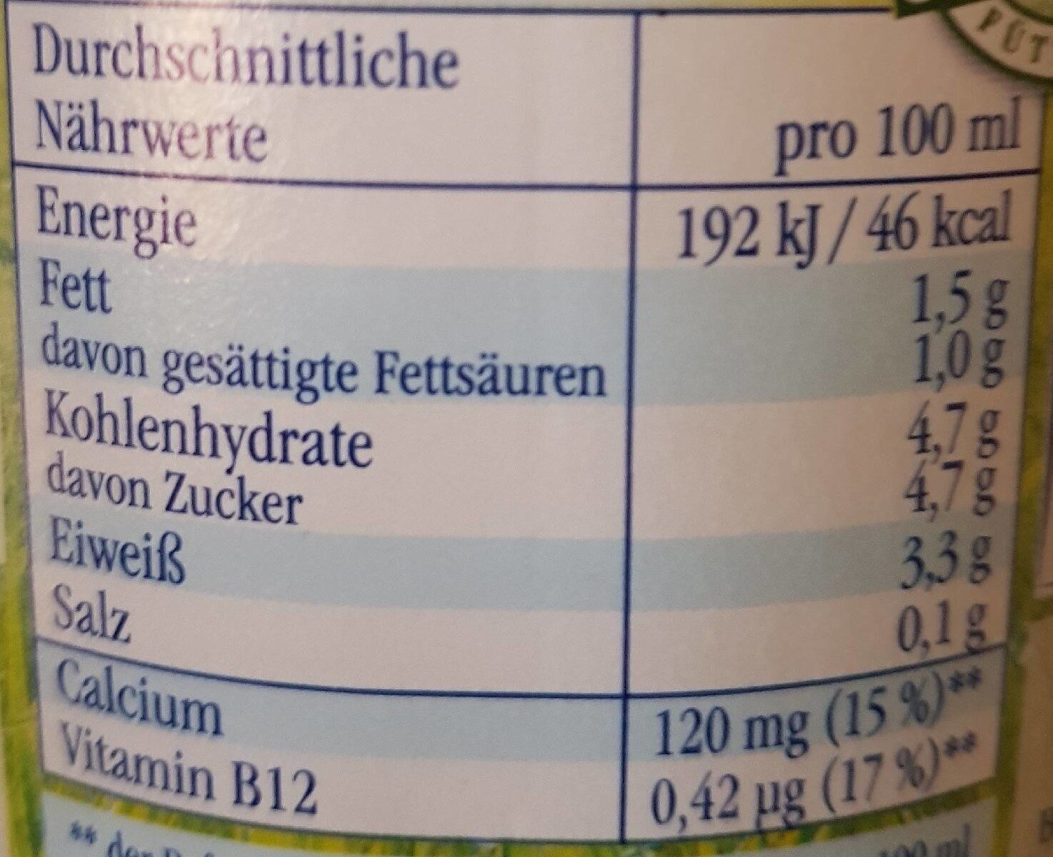 Frische Landmilch 1,5% Fett - Nährwertangaben