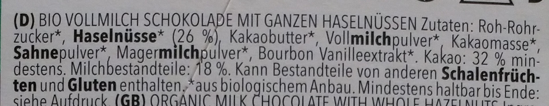 Vollmilch GanzNuss Schokolade - Zutaten