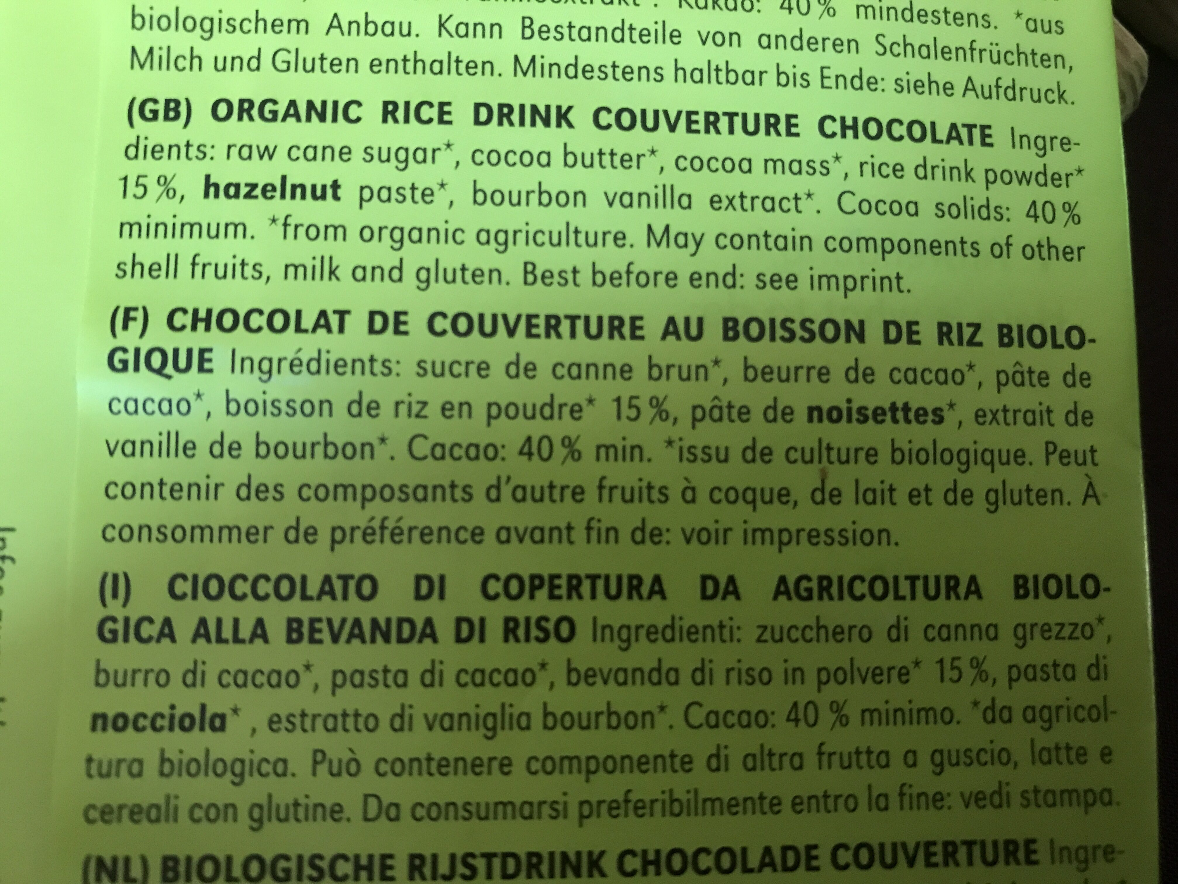 Chocolat Couverture Rice Drink Vegan - Ingredients - fr