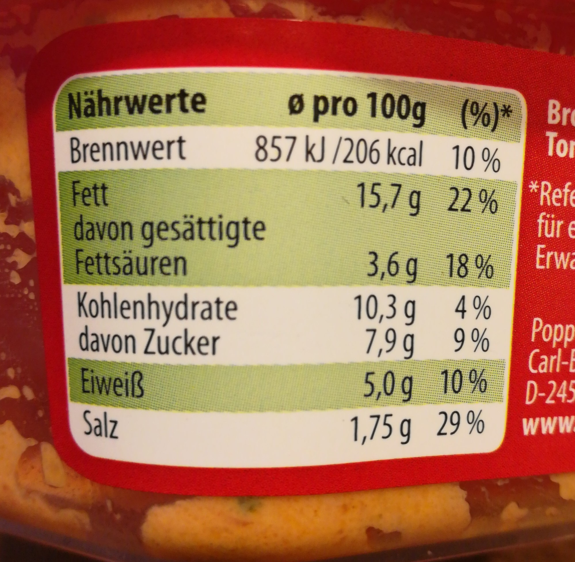 Brotaufstrich Tomate-Mozzarella - Nährwertangaben