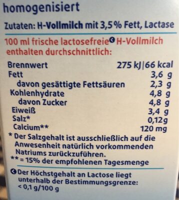 Lac - lactosefrei - حقائق غذائية - de