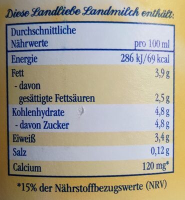 frische Landmilch, länger haltbar, 3,8% Fett - Nährwertangaben