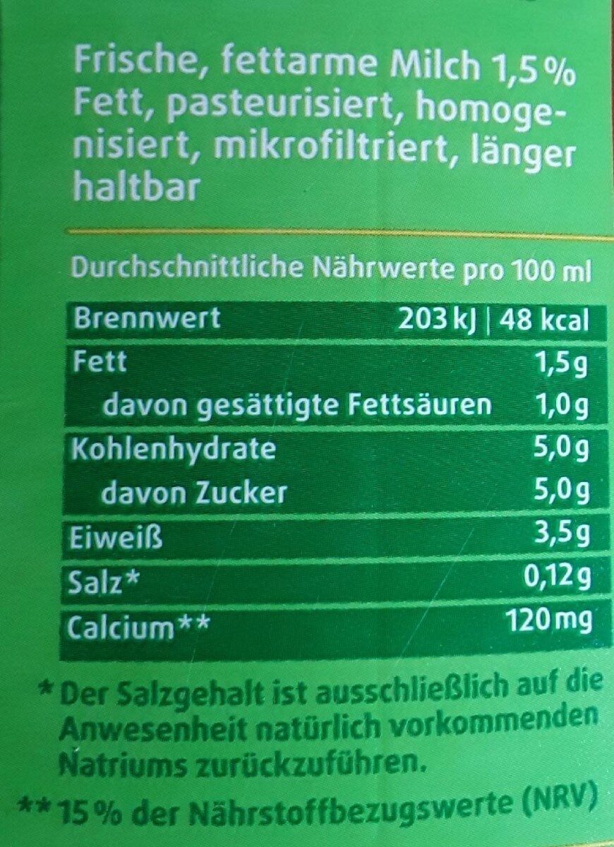 Frische, fettarme Weidemilch 1,5% Fett - Nutrition facts - de