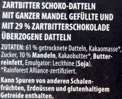 Zartbitter Schokodatteln mit ganzer Mandel gefüllt - Ingredients - de