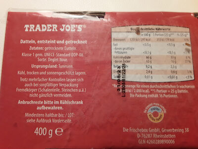 ALDI TRADER JOE'S Datteln  Getrocknet; Tunesien 1.19 200-g-Schale kg = 5.95.png - Zutaten