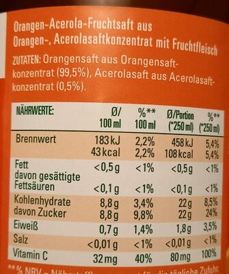 Hohes C Milde Orange , Mit Zartem Fruchtfleisch - Nutrition facts - de
