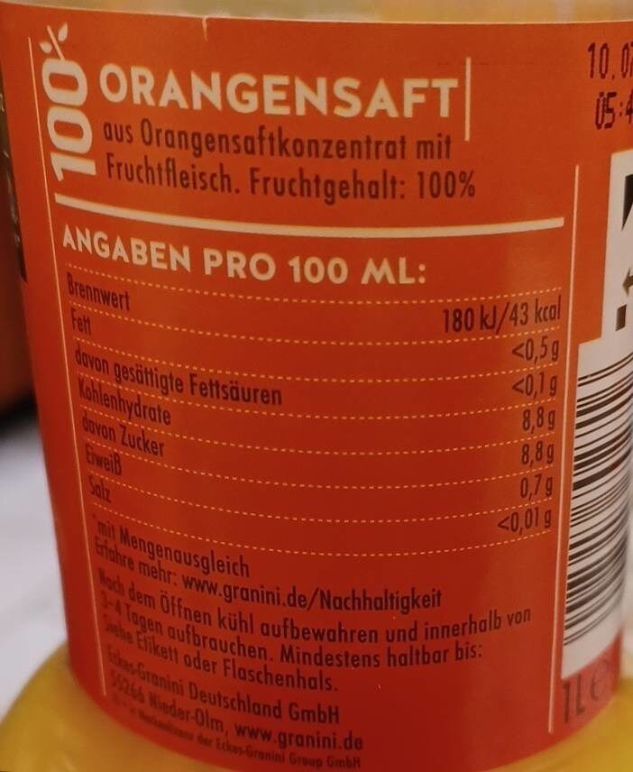Orangensaft - Tableau nutritionnel - en