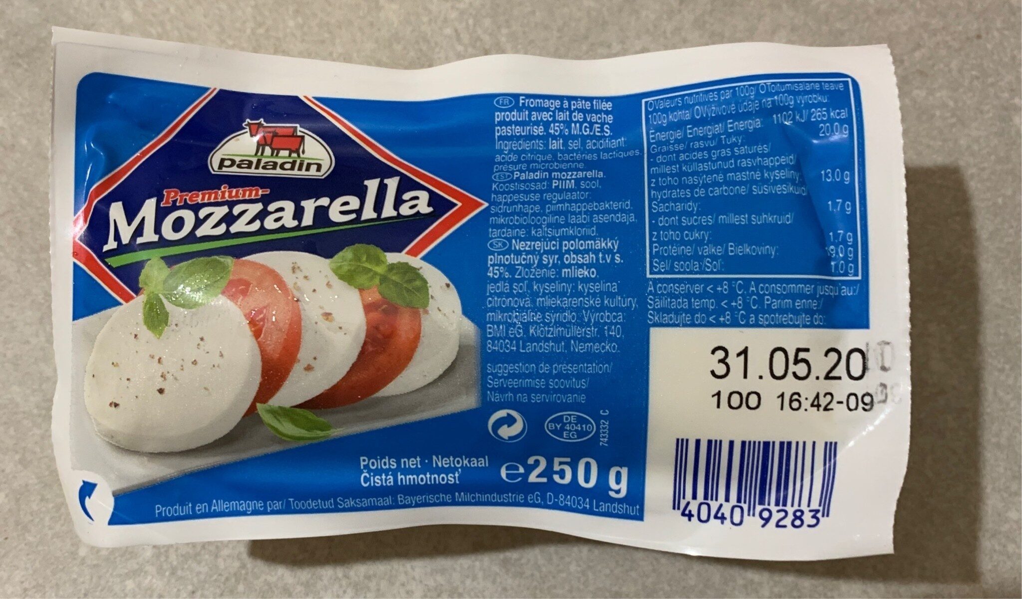 Paladin Mozzarella - Tableau nutritionnel