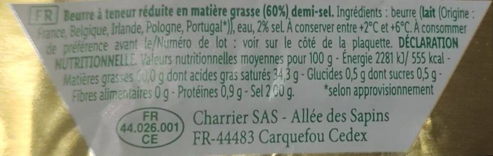 Beurre demi-sel 60% - Nutrition facts - fr