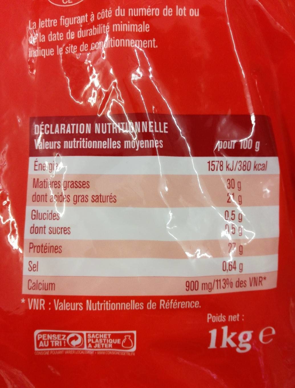 Emmental Français Râpé - Nutrition facts - fr