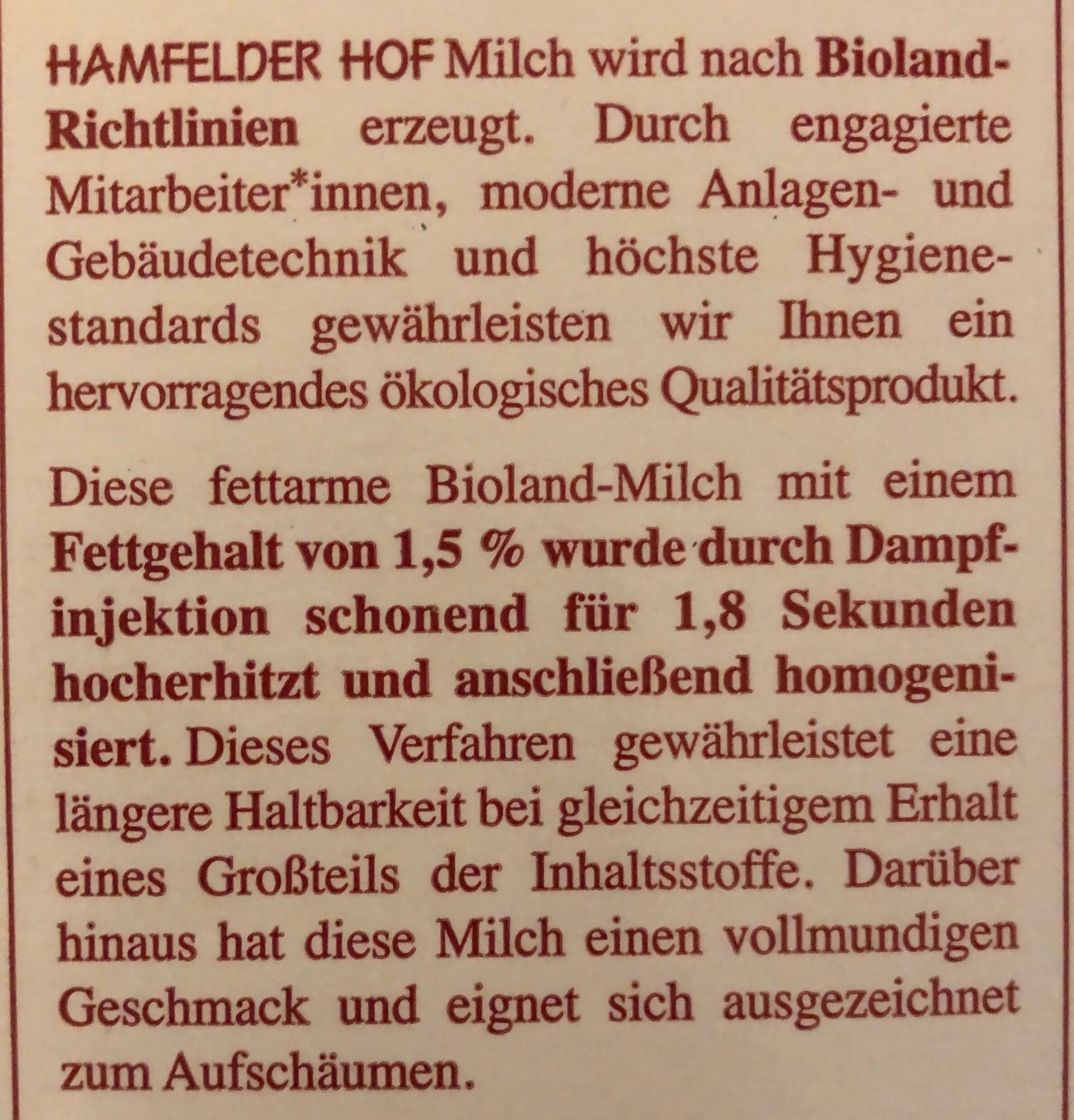 Hamfelder Hof Fettarme Milch 1.5% - Zutaten