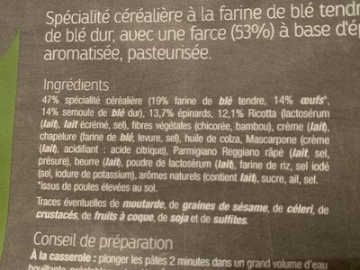 Premium Tortellini Ricotta & Spinach - Ingrédients