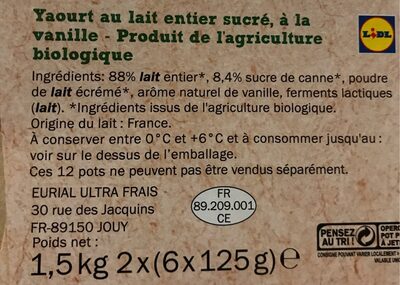 Yaourts vanille étuvés bio - Zutaten - fr