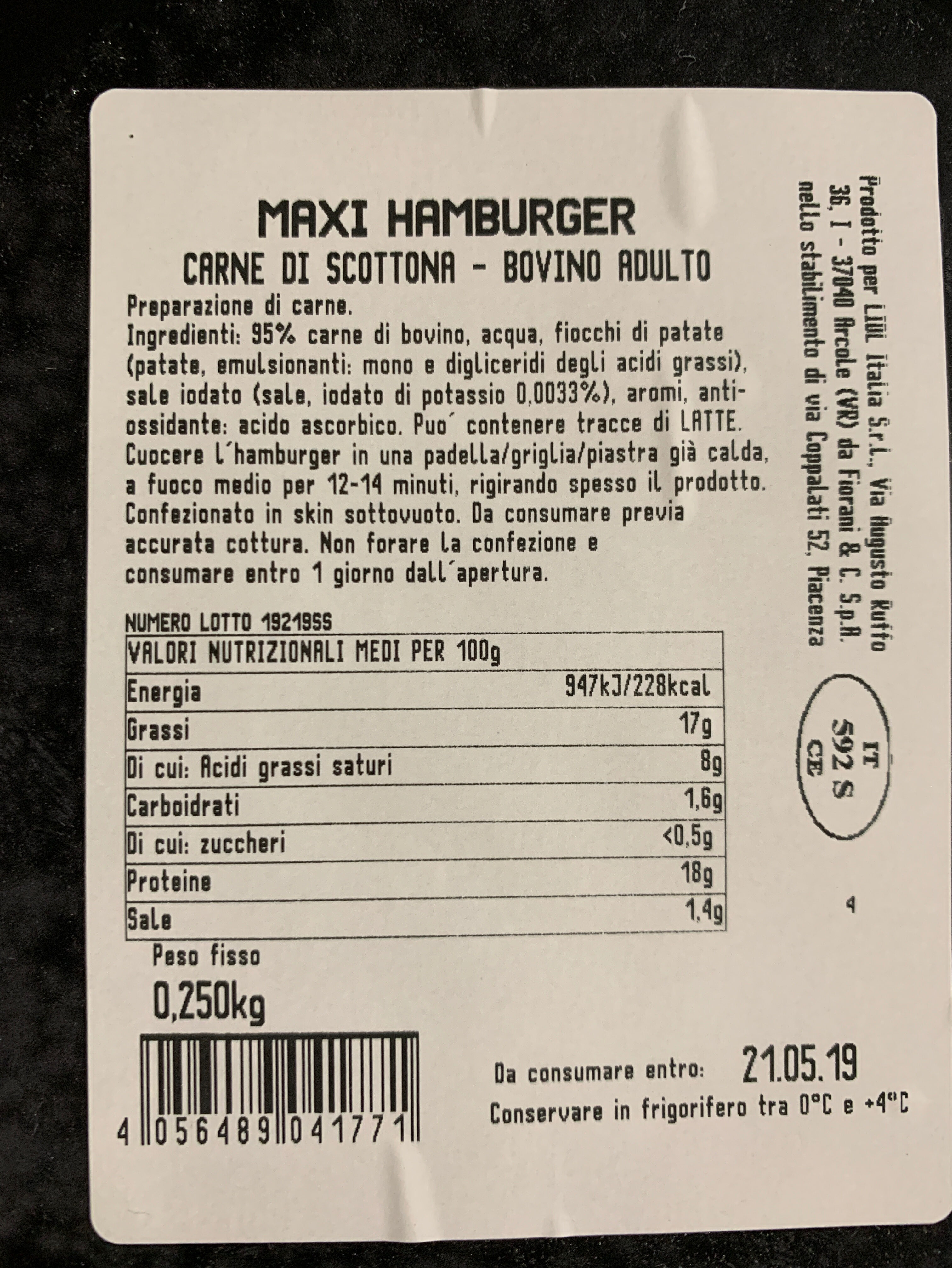 Maxi hamburger carne di scottona - Ingredientes - it