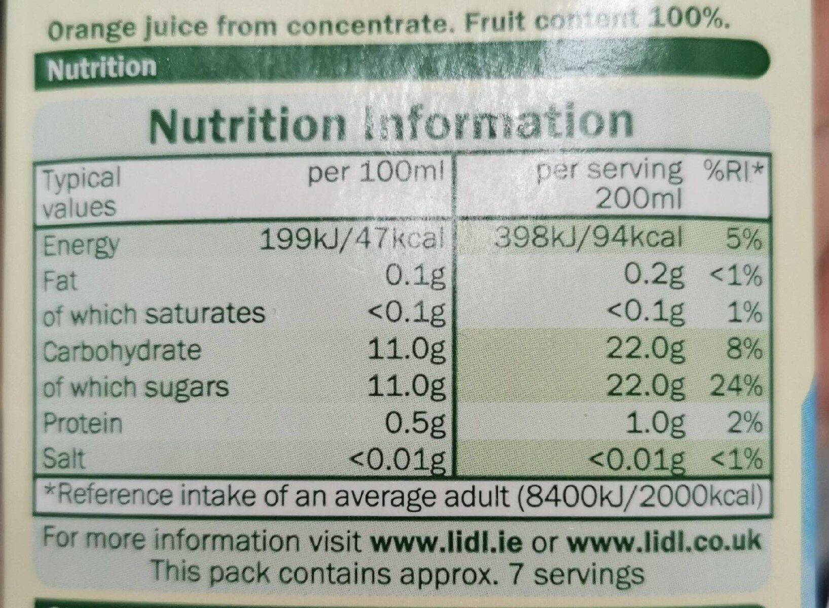 100% Orange juice from concentrate - Nutrition facts