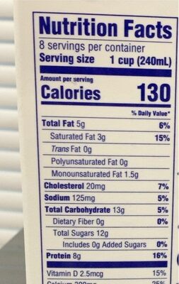 Lactose Free 2% Reduced Fat Milk - Nutrition facts