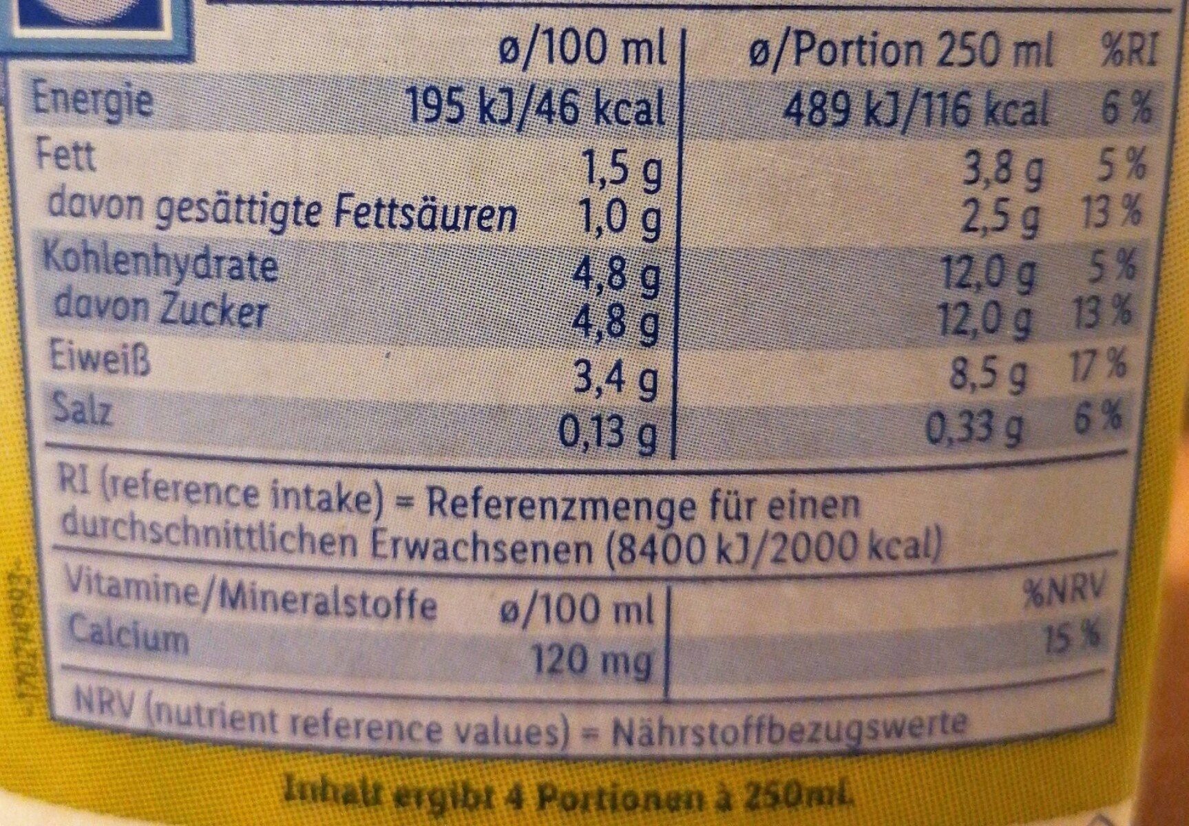 Haltbare Fettarme Milch - حقائق غذائية - de